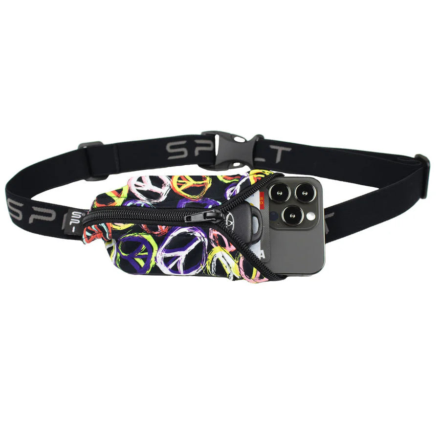 Belt bag with colorful peace sign design and phone case on a white background - SPIbelt Original Running Belt - Whirled Peace