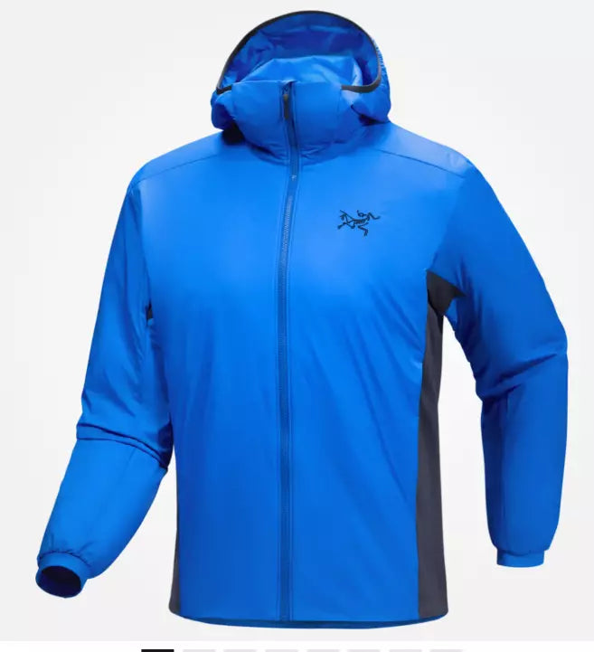A bright blue Arc'teryx hooded jacket with dark gray side panels and a black logo on the chest, shown against a plain white background. - Arc'teryx Atom Hoody (Men's) - Fluidity/Black Sapphire