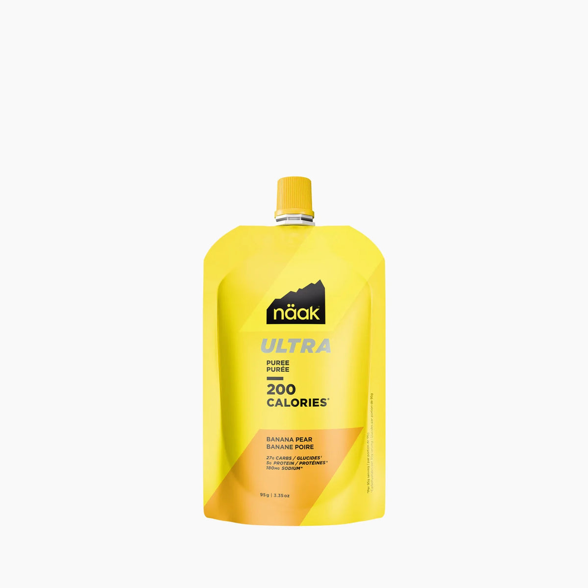 A yellow Naak Ultra powder pouch with banana pear flavor, featuring a yellow cap and a black mountain logo, set against a plain white background. - Näak Ultra Puree 200 - Banana Pear