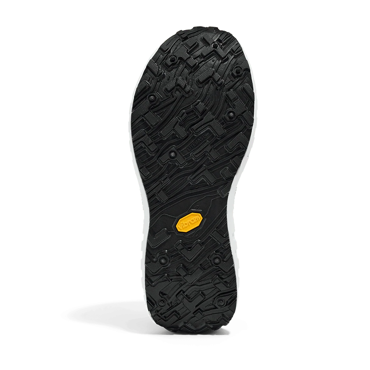 Close-up of a black shoe sole with a yellow heel tab on a white background - norda 001A Shoes (Men's) - Black