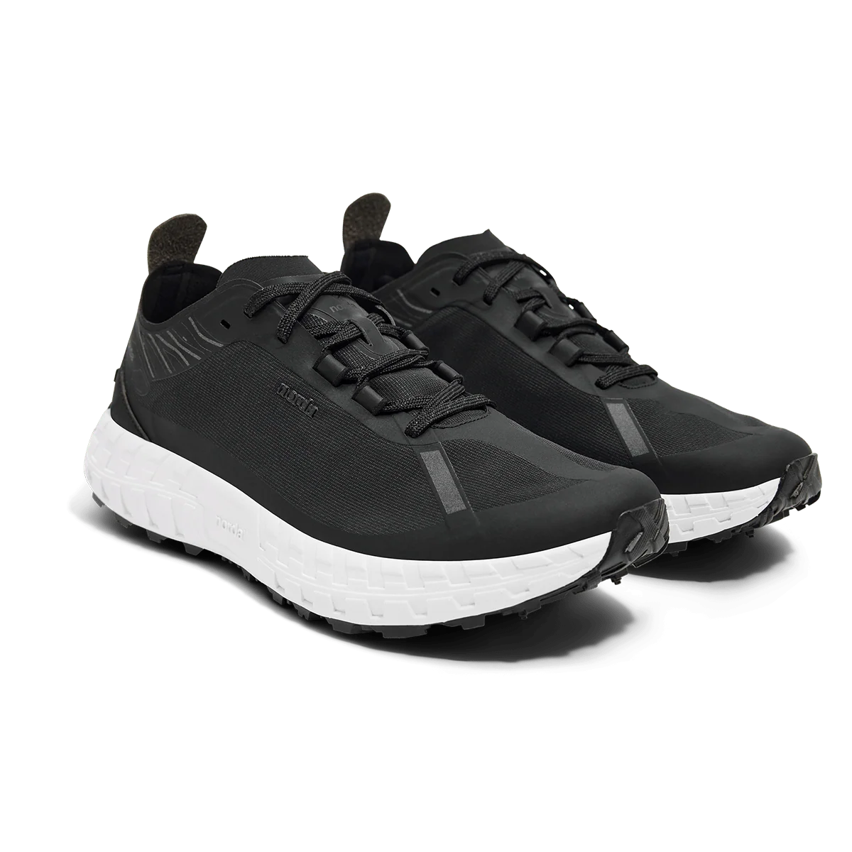 A pair of black running shoes with a thick white midsole and black outsole, shown from a three-quarters angle on a white background. - norda 001A Shoes (Men's) - Black