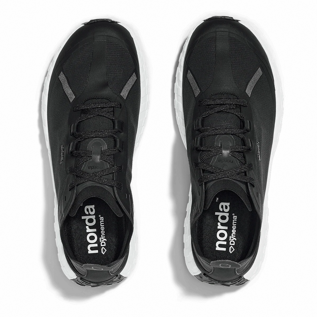 A pair of black Norda x Dynaema athletic sneakers shown from a top-down view on a white background. - norda 001A Shoes (Women's) - Black