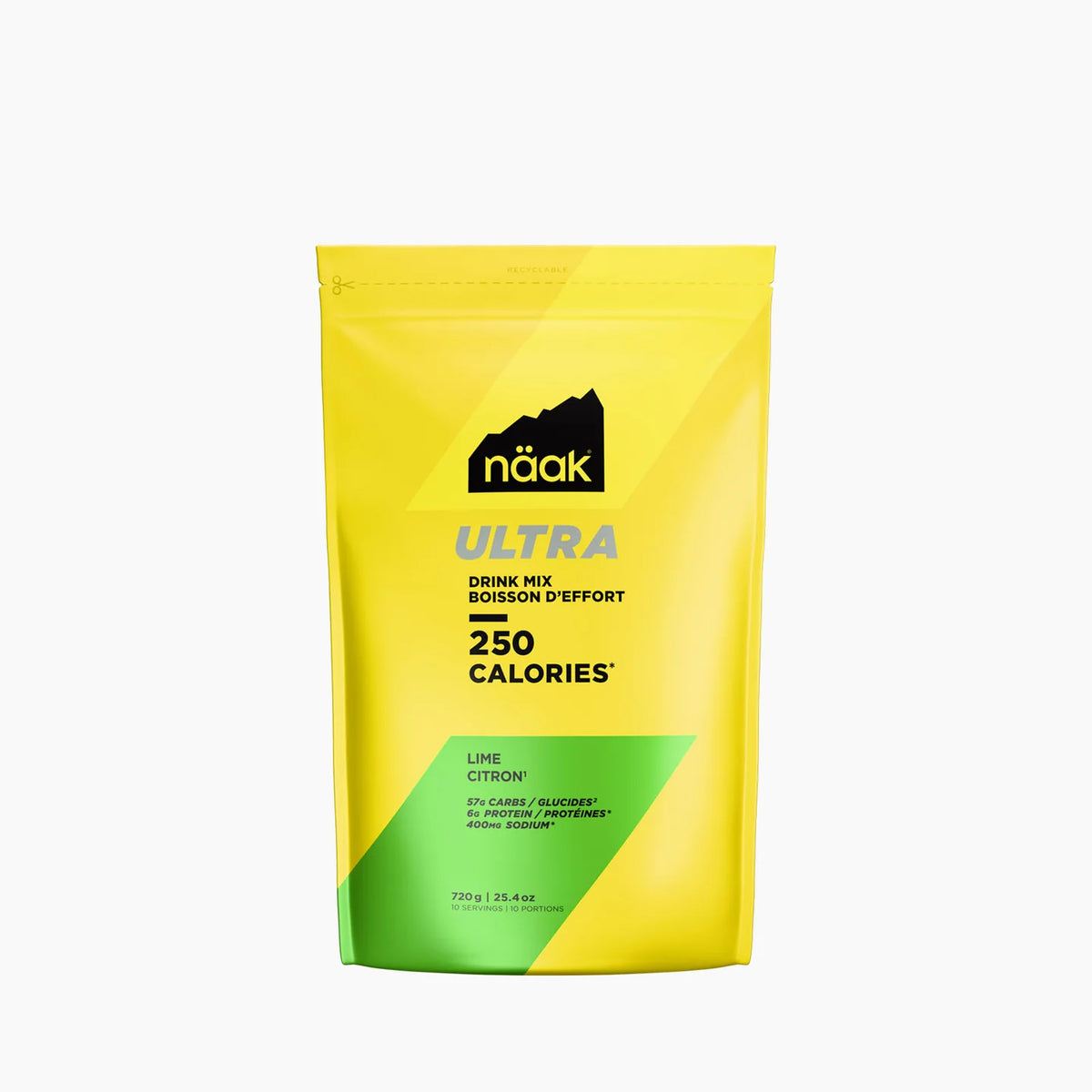 A yellow stand-up pouch of näak Ultra drink mix, lime citron flavor, with a green accent block at the bottom and black text, shown on a plain white background. - Näak Ultra Drink Mix 250 - Lime - bag - 720g