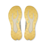 Top-down view of a pair of athletic shoes showing their yellow and beige outsoles with heart-shaped tread patterns and a small light blue accent. - On Cloudultra 3 Shoes (Men's) - Brume/Winter