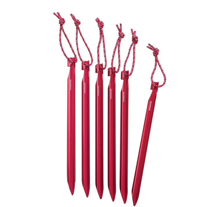 Set of red tent stakes with ropes on a white background - MSR Groundhog Tent Stakes