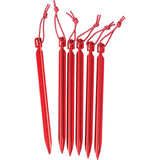 Six red metal tent stakes with hanging red cords, arranged upright on a plain white background. - MSR Mini Groundhog Tent Stakes