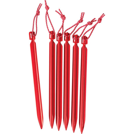 Six red metal tent stakes with hanging red cords, arranged upright on a plain white background. - MSR Mini Groundhog Tent Stakes