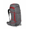 Gray and red Osprey backpack on a white background - Osprey Eja 55 Pro Backpack (Women's) - Dale Grey/Poinsettia Red
