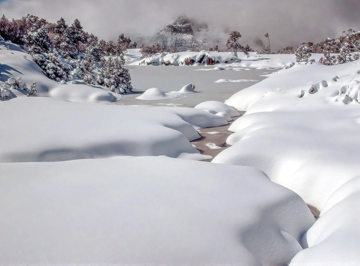 A snowy winter landscape with deep snowbanks, a partially frozen stream, snow-covered trees, and distant mountains under a cloudy sky. - Rob Blakers Wild Tasmania 2027 Large Calendar