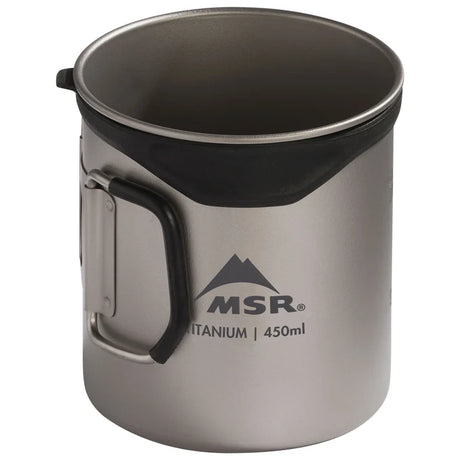 Titanium mug with handle and visible MSR logo on a white background - MSR Titan Cup