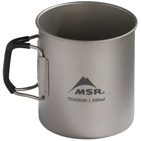 Titanium mug with handle and MSR logo on a white background - MSR Titan Cup