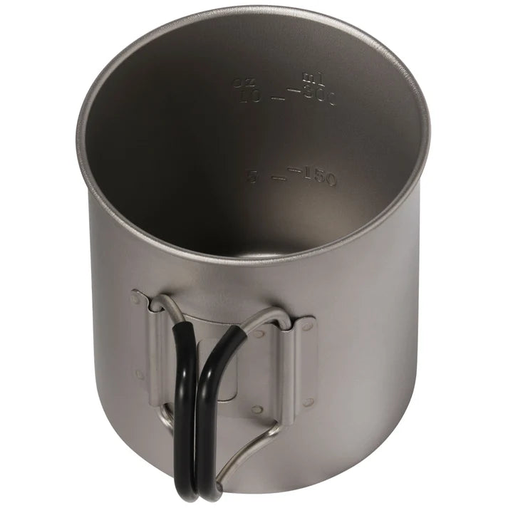 Metal camping mug with a black handle on a white background - MSR Titan Cup
