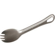 A stainless steel spork with a loop handle, featuring the engraved text 'MOUNTAIN SAFETY RESEARCH' on a plain white background. - MSR Titan Spork