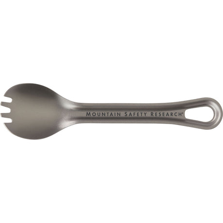 Metallic spork with 'Mountain Safety Research' branding on a white background - MSR Titan Spork