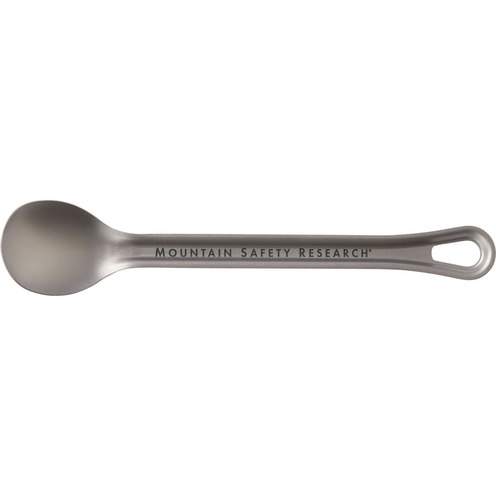 Metal spoon with 'Mountain Safety Research' branding on a white background - MSR Titan Long Spoon