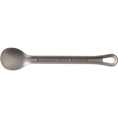 Metal spoon with 'Mountain Safety Research' branding on a white background - MSR Titan Long Spoon