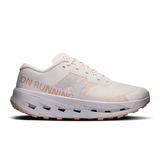 A single running shoe shown in a side profile on a clean white background. The shoe is primarily off-white/cream with a peach-pink 'ON RUNNING' text and logo on the side, a light gray logo, and a peach-pink outsole. - On Cloudultra 3 Shoes (Women's) - Oyster/Ether