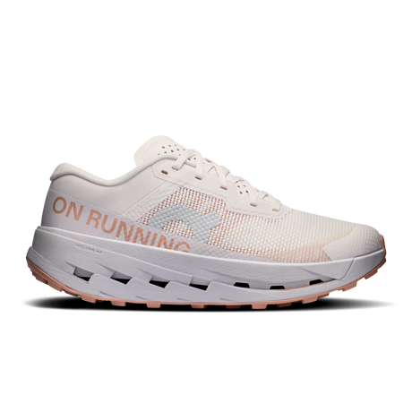 A single running shoe shown in a side profile on a clean white background. The shoe is primarily off-white/cream with a peach-pink 'ON RUNNING' text and logo on the side, a light gray logo, and a peach-pink outsole. - On Cloudultra 3 Shoes (Women's) - Oyster/Ether