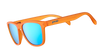 Goodr donkey goggles orange sunglasses with blue lenses on a white background