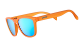 Goodr donkey goggles orange sunglasses with blue lenses on a white background