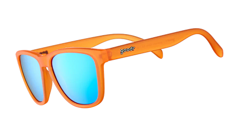 Goodr donkey goggles orange sunglasses with blue lenses on a white background