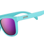Goodr ELECTRIC DINOTOPIA CARNIVAL turquoise sunglasses with pink lenses on a white background