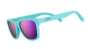 Goodr ELECTRIC DINOTOPIA CARNIVAL turquoise sunglasses with pink lenses on a white background