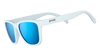 Goodr ICED BY YETIS White sunglasses with blue lenses on a white background