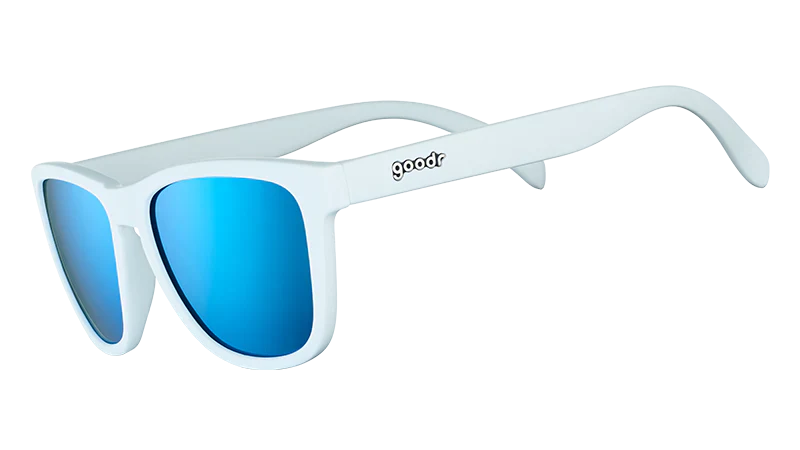Goodr ICED BY YETIS White sunglasses with blue lenses on a white background