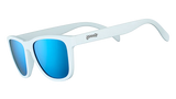 Goodr ICED BY YETIS White sunglasses with blue lenses on a white background