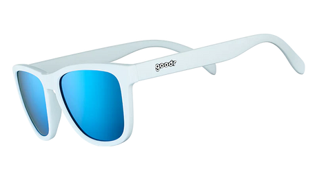 Goodr ICED BY YETIS White sunglasses with blue lenses on a white background