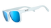 Goodr ICED BY YETIS White sunglasses with blue lenses on a white background
