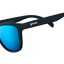 goodr MICK KEITHS MIDNIGHT RAMBLE Black sunglasses with blue lenses on a white background