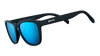 goodr MICK KEITHS MIDNIGHT RAMBLE Black sunglasses with blue lenses on a white background