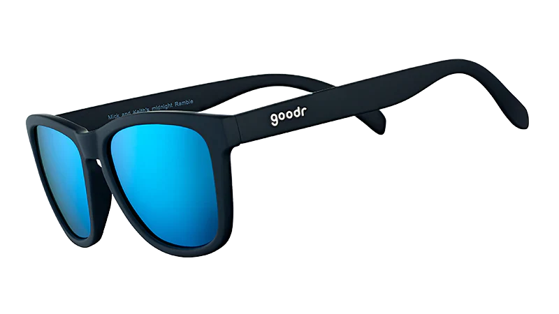 goodr MICK KEITHS MIDNIGHT RAMBLE Black sunglasses with blue lenses on a white background