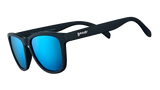 goodr MICK KEITHS MIDNIGHT RAMBLE Black sunglasses with blue lenses on a white background