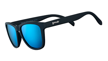 goodr MICK KEITHS MIDNIGHT RAMBLE Black sunglasses with blue lenses on a white background
