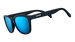 goodr MICK KEITHS MIDNIGHT RAMBLE Black sunglasses with blue lenses on a white background