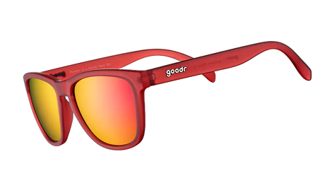 goodr PHOENIX AT A BLOODY MARY BAR Red sunglasses with yellow-tinted lenses on a white background