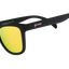 goodr Professional Respawner black sunglasses with yellow lenses on a white background
