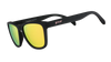 goodr Professional Respawner black sunglasses with yellow lenses on a white background