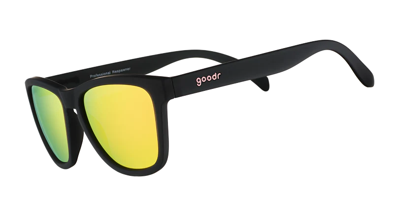 goodr Professional Respawner black sunglasses with yellow lenses on a white background