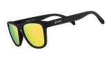goodr Professional Respawner black sunglasses with yellow lenses on a white background