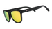 goodr Professional Respawner black sunglasses with yellow lenses on a white background