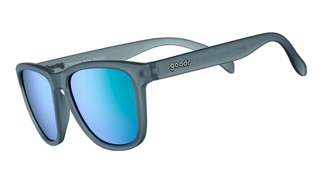 goodr SILVERBACK SQUAT MENTALITY Sunglasses with blue lenses and gray frame on a white background