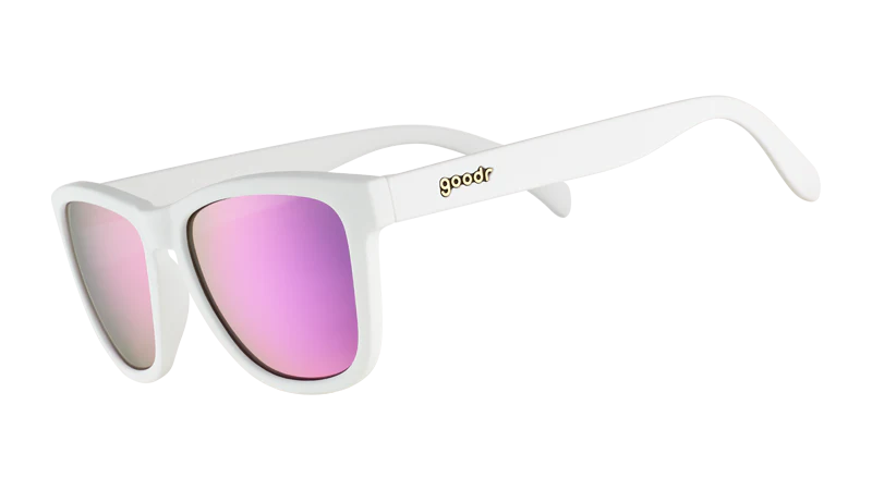 goodr Side Scroll Eye Roll White sunglasses with pink lenses on a white background