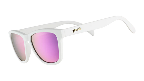 goodr Side Scroll Eye Roll White sunglasses with pink lenses on a white background