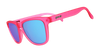 goodr Flamingos on a Booze Cruise Pink sunglasses with blue lenses on a white background