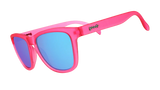 goodr Flamingos on a Booze Cruise Pink sunglasses with blue lenses on a white background