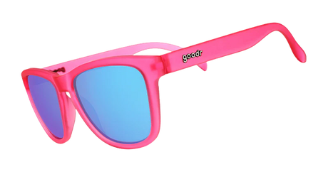 goodr Flamingos on a Booze Cruise Pink sunglasses with blue lenses on a white background